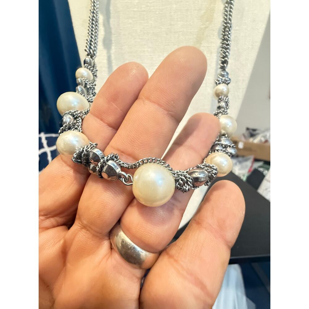 Silver Tone Faux Pearl Multi Strand Necklace 36” - Picture 2 of 10